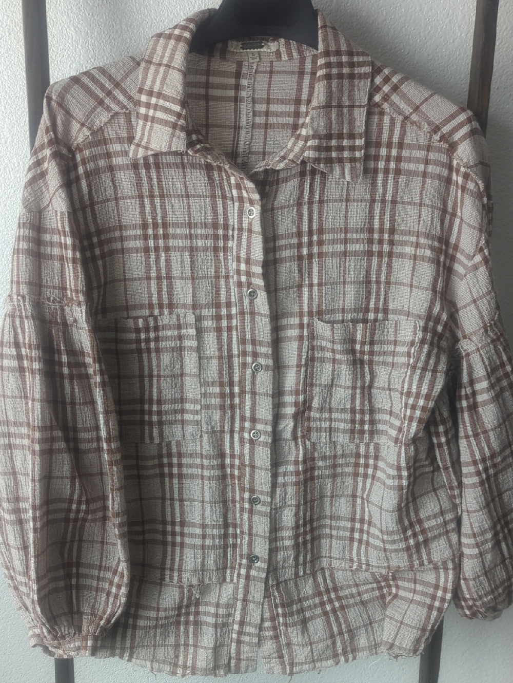 Gimmicks Relaxed Plaid Button-Up Top in Cream and Brown